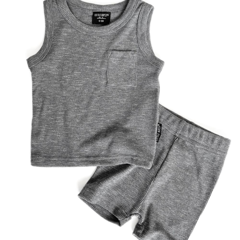 Little Bipsy Charcoal Gray Ribbed Tank & Biker Shorts Outfit Set Size 0-3 Months